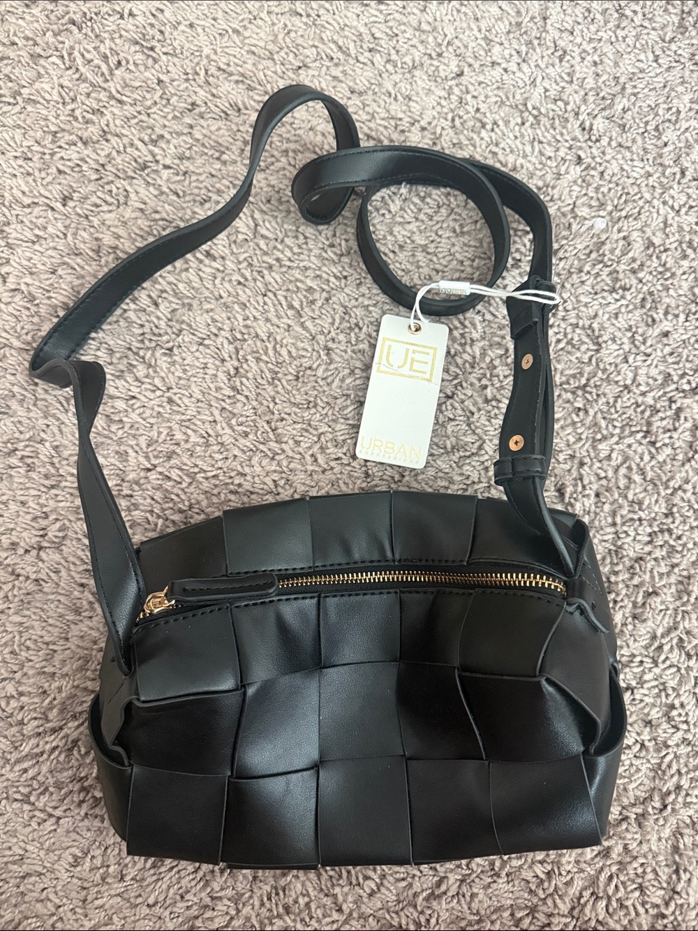 Urban Expressions Black Woven Crossbody Bag with Gold Zipper